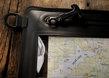 Load image into Gallery viewer, RBW map case with a LatLong map inside. Detail shot of D-ring and waterproof zipper.