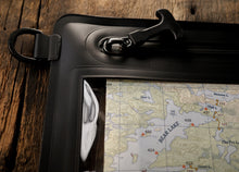 Load image into Gallery viewer, RBW map case with a LatLong map inside. Detail shot of D-ring and waterproof zipper.
